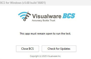 BCS utility window showing it is running and ready