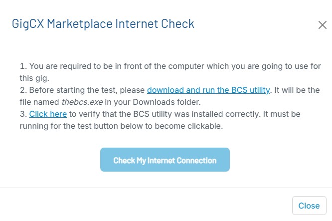 GigCX Internet Check initial dialog showing the disabled Check My Internet Connection button