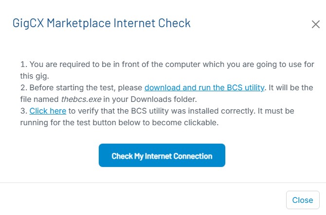 GigCX dialog with the Check My Internet Connection button now enabled and clickable