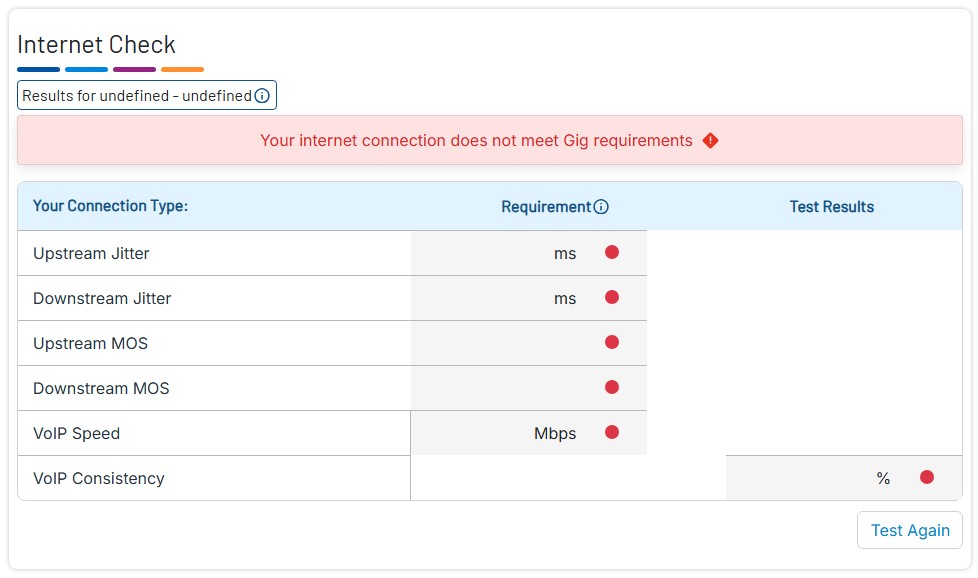 GigCX interface showing the Test Again button used to reopen the Internet Check dialog