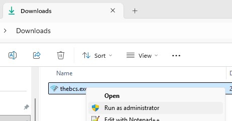 Windows context menu showing the Run as administrator option for thebcs.exe